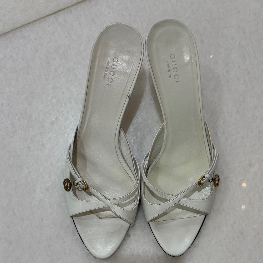 Gucci Women's White Leather Mules with Gold Accents